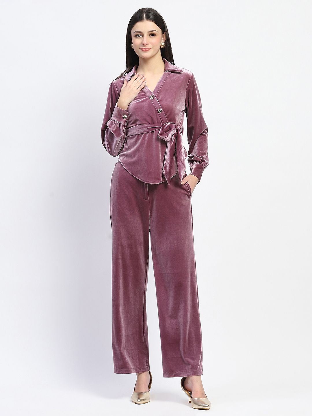 

Madame Shirt Collar Long Sleeves Top With Trouser, Burgundy