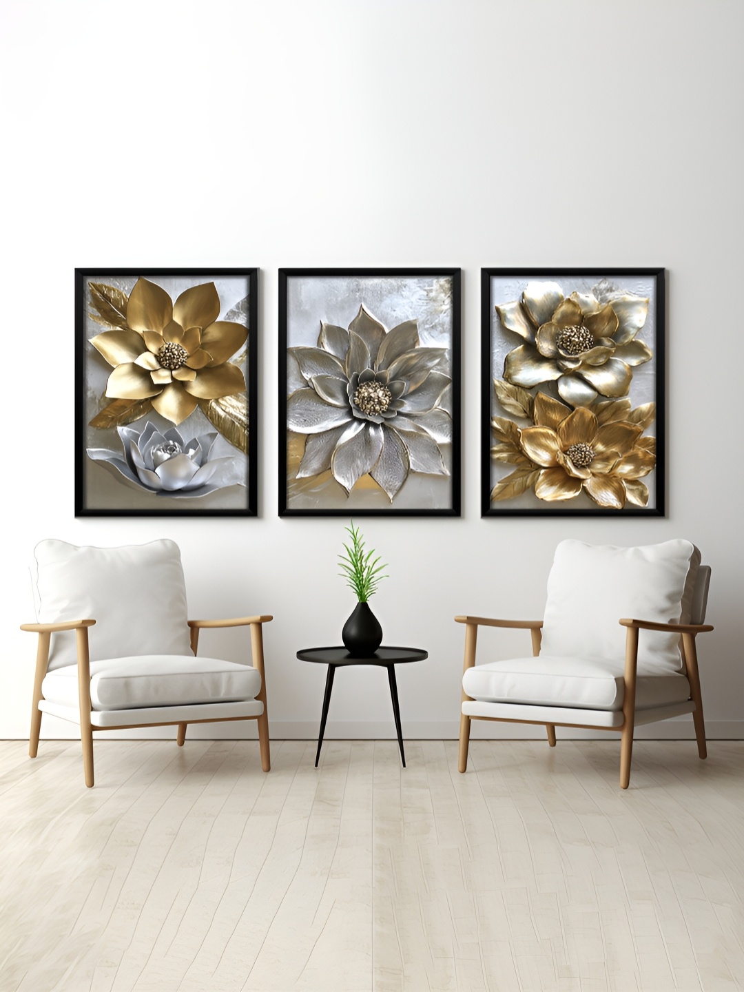 

RANDOM White & Gold-Toned 3 Pieces Floral Printed Painting Wall Art