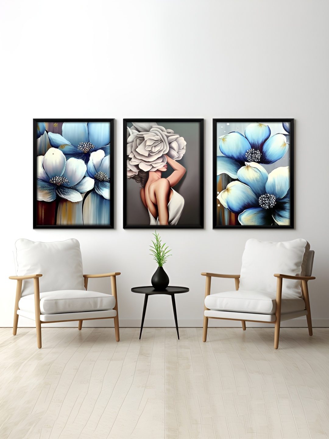 

RANDOM Blue & White 3 Pieces Floral Printed Painting Wall Art