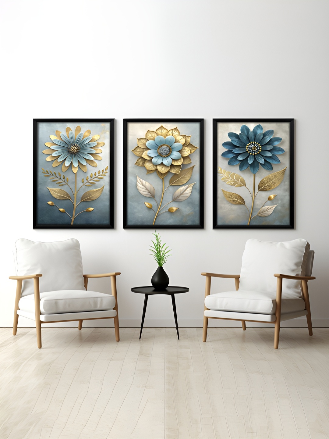 

RANDOM Blue & Gold Toned 3 Pieces Floral Printed Painting Wall Art