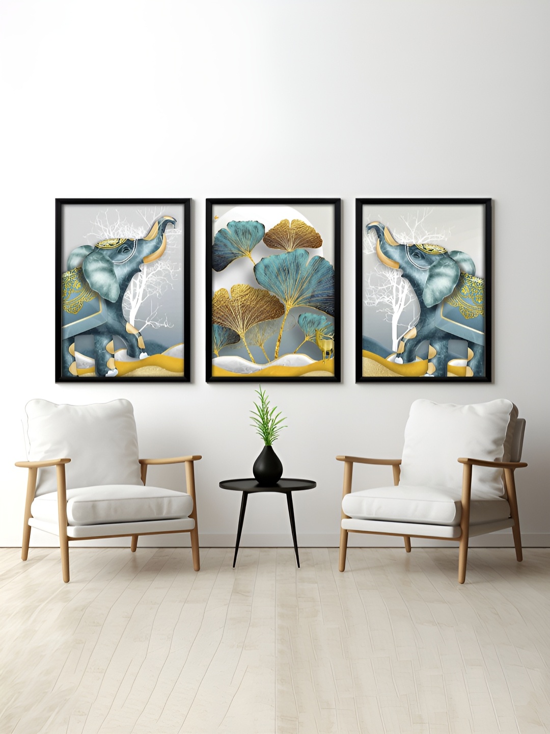 

RANDOM Blue & Gold Toned 3 Pieces Elephant Printed Painting Wall Art