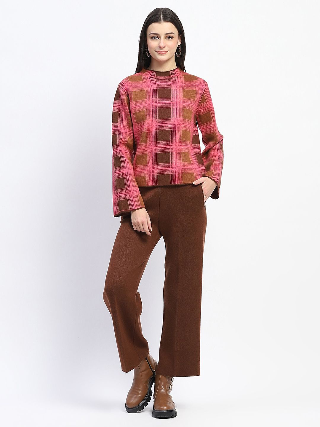 

Madame Checked High Neck Long Sleeves Sweatshirt & Trouser, Rust