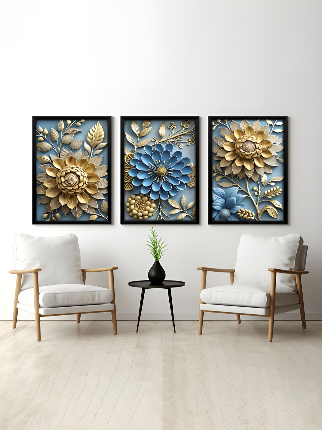 

RANDOM Blue & Beige 3 Pieces Synthetic Wood Floral and Botanical Wall Paintings