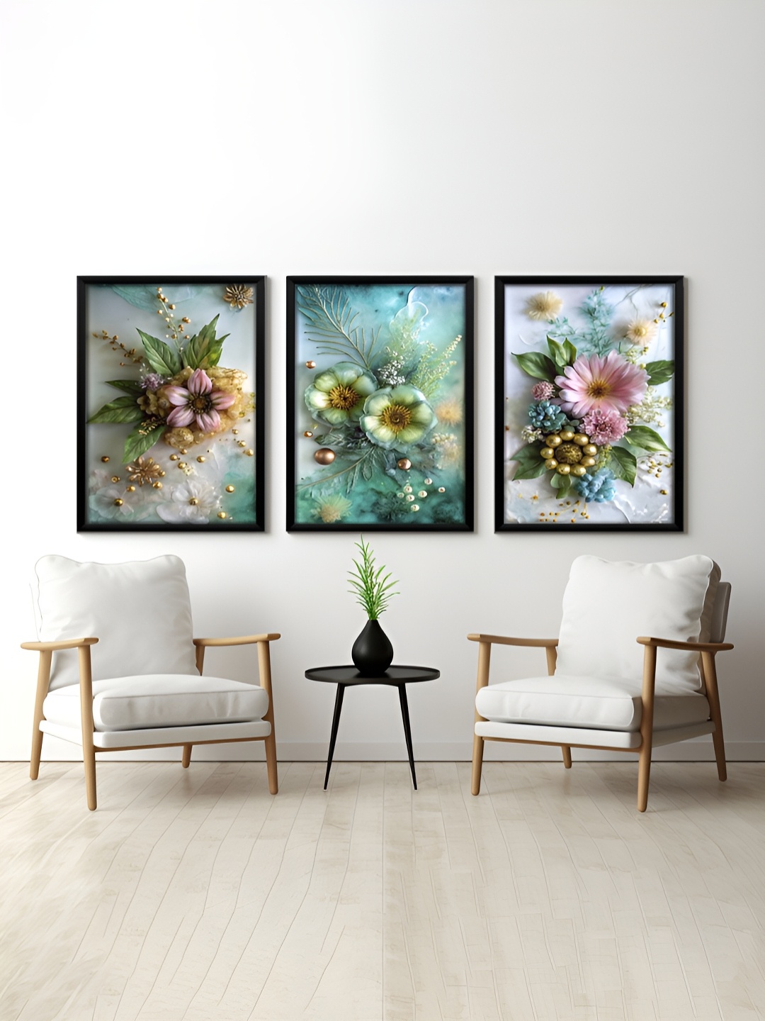

RANDOM Green & White 3 Pieces Synthetic Wood Floral and Botanical Wall Paintings