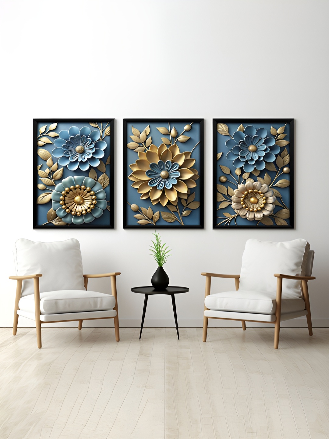 

RANDOM Blue & Gold-Toned 3 Pieces Synthetic Wood Floral and Botanical Wall Paintings