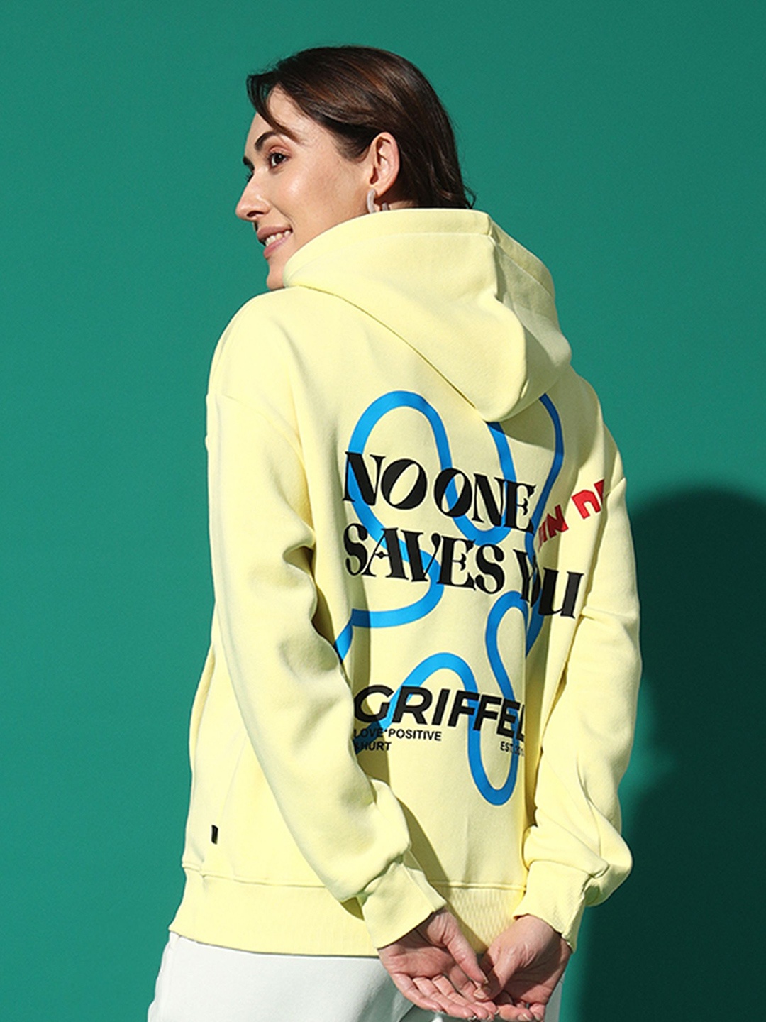 

GRIFFEL Women Printed Hooded Sweatshirt, Yellow