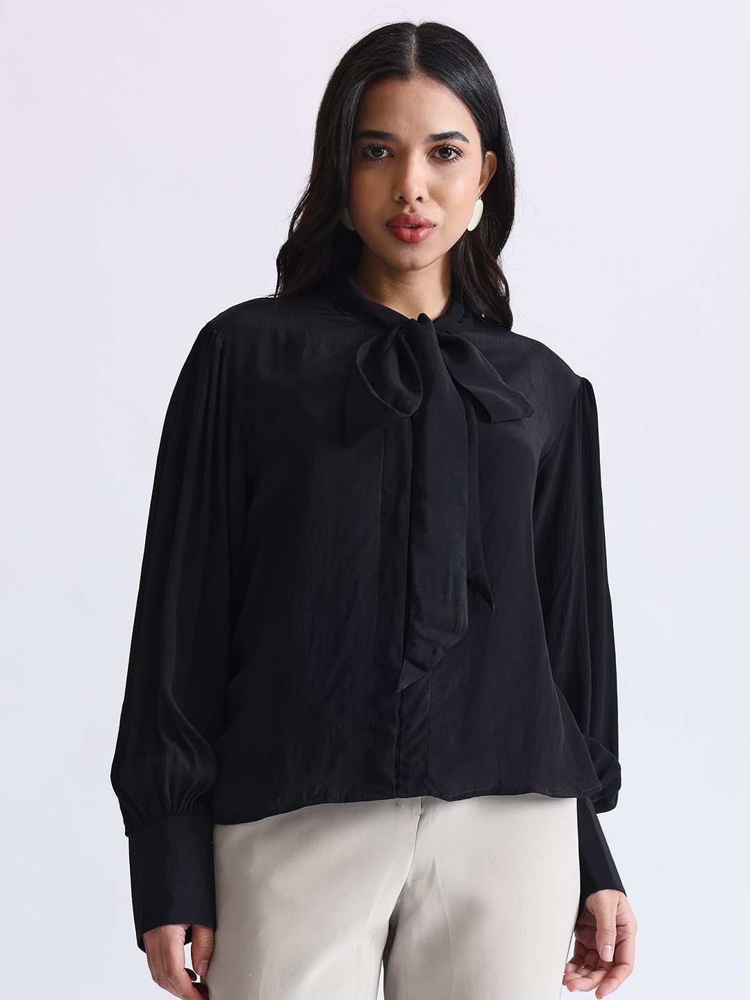 

NH KAPDEWALA Women Solid Tie-Up Neck Shirt Style Satin Top, Black