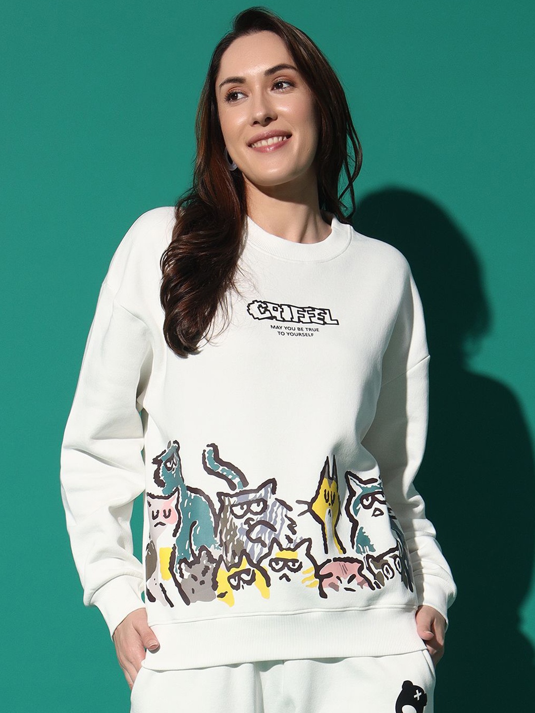 

GRIFFEL Women Printed Round Neck Pullover Sweatshirt, White