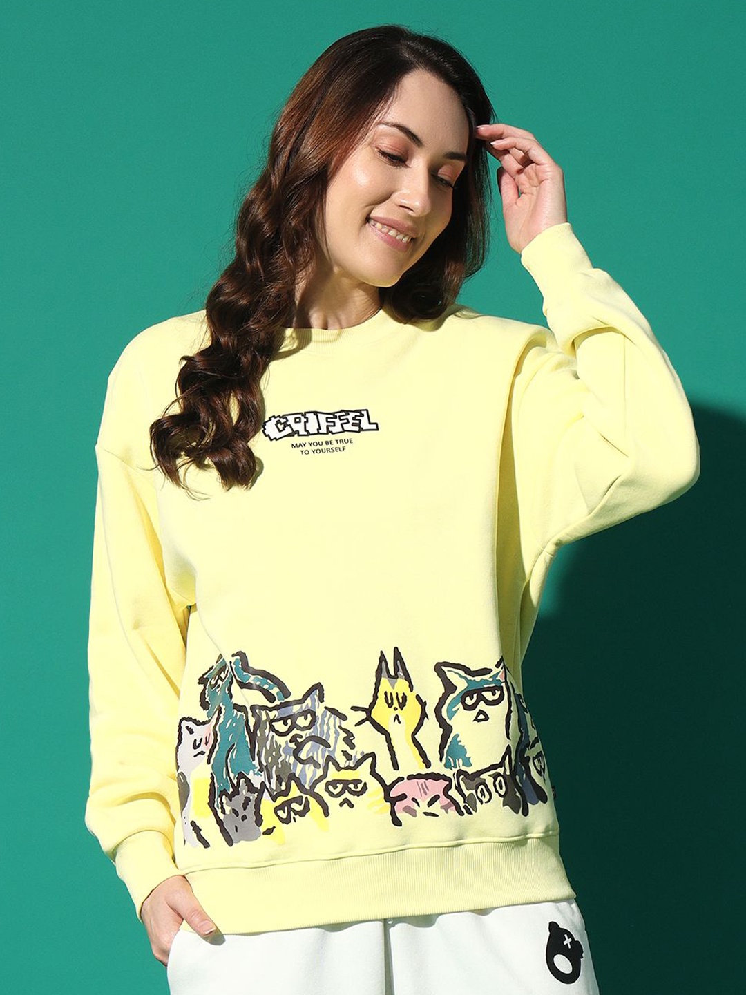 

GRIFFEL Women Printed Round Neck Pullover Sweatshirt, Yellow