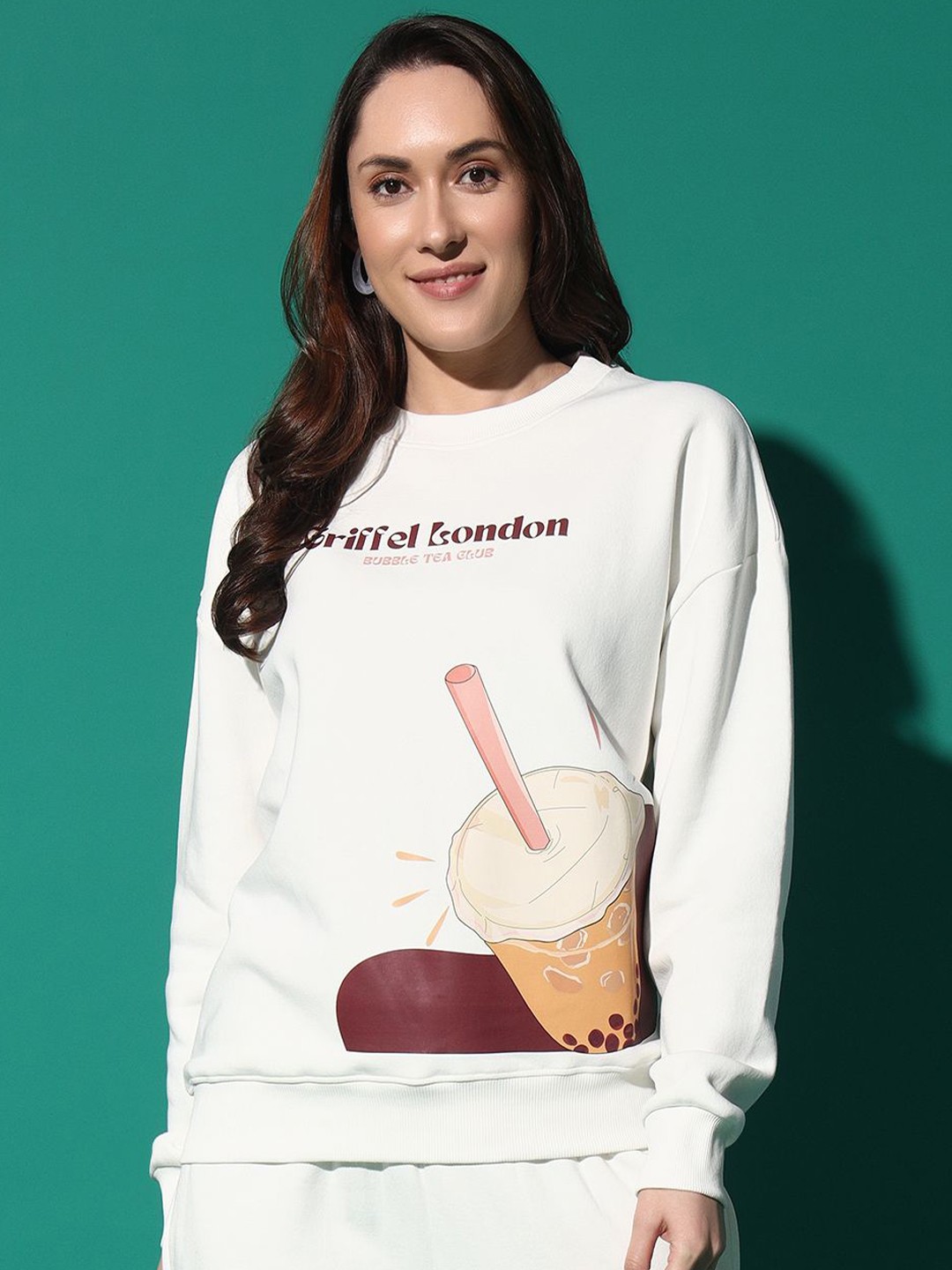 

GRIFFEL Women Printed Round Neck Pullover Sweatshirt, White