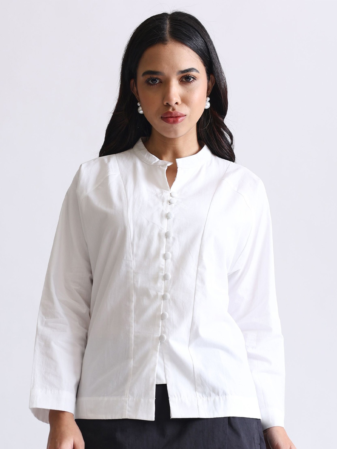 

NH KAPDEWALA Women Comfort Relaxed Fit Solid Mandarin Collar Casual Shirt, White