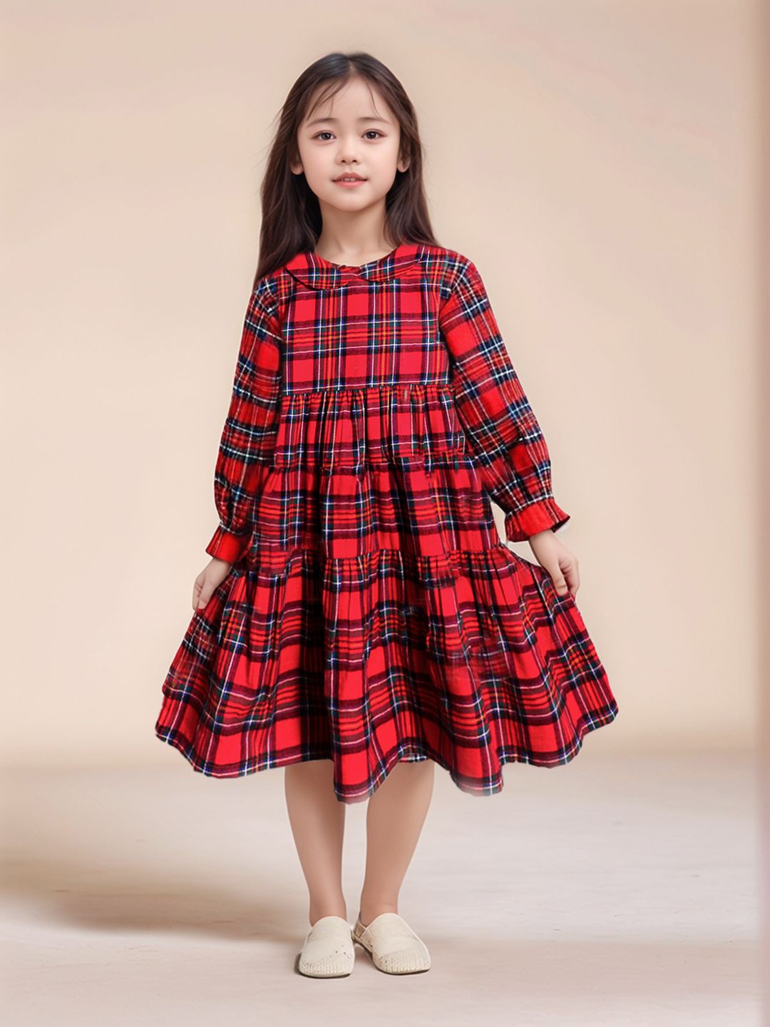 

Whistle & Hops Girls Cotton Checked Peter Pan Collar Fit & Flare Midi Dress, Red