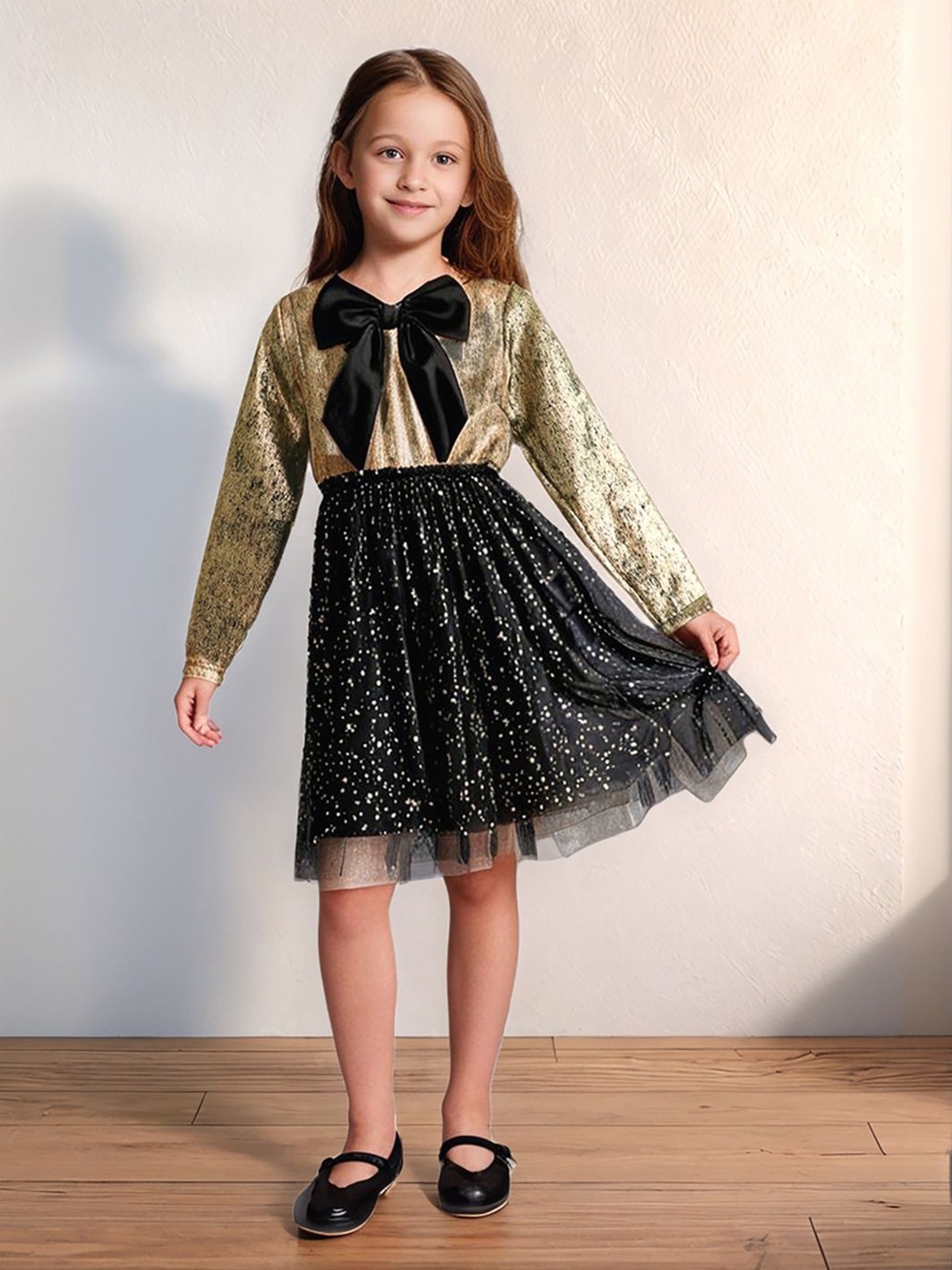 

Whistle & Hops Girls Foil Printed Fit & Flare Dress, Gold