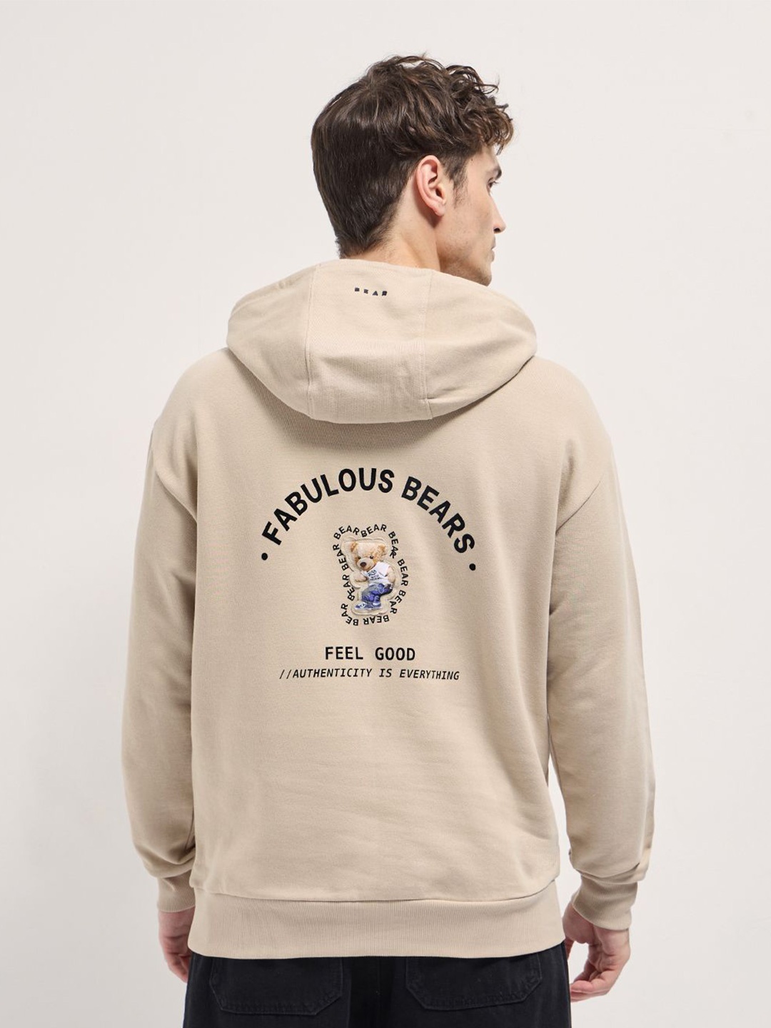 

THE BEAR HOUSE Men's Cotton Graphic Printed Hooded Sweatshirt, Beige