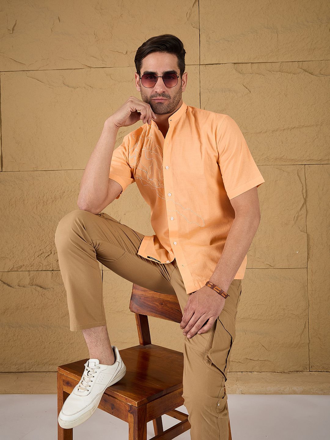 

all yours Men Band Collar Solid Cotton Linen Casual Shirt, Orange
