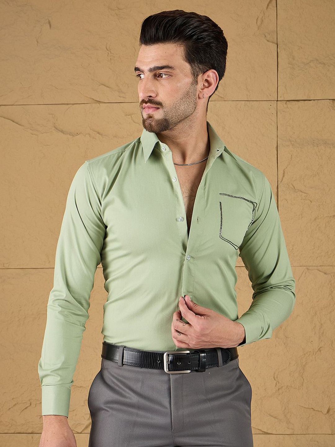 

all yours Men Slim Fit Spread Collar Solid Cotton Party Shirt, Green