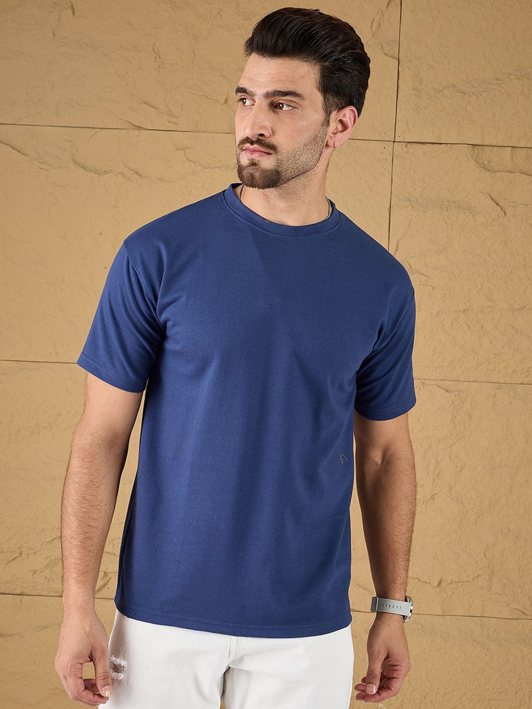 

all yours Men Solid Round Neck Cotton Relaxed Fit T-shirt, Blue