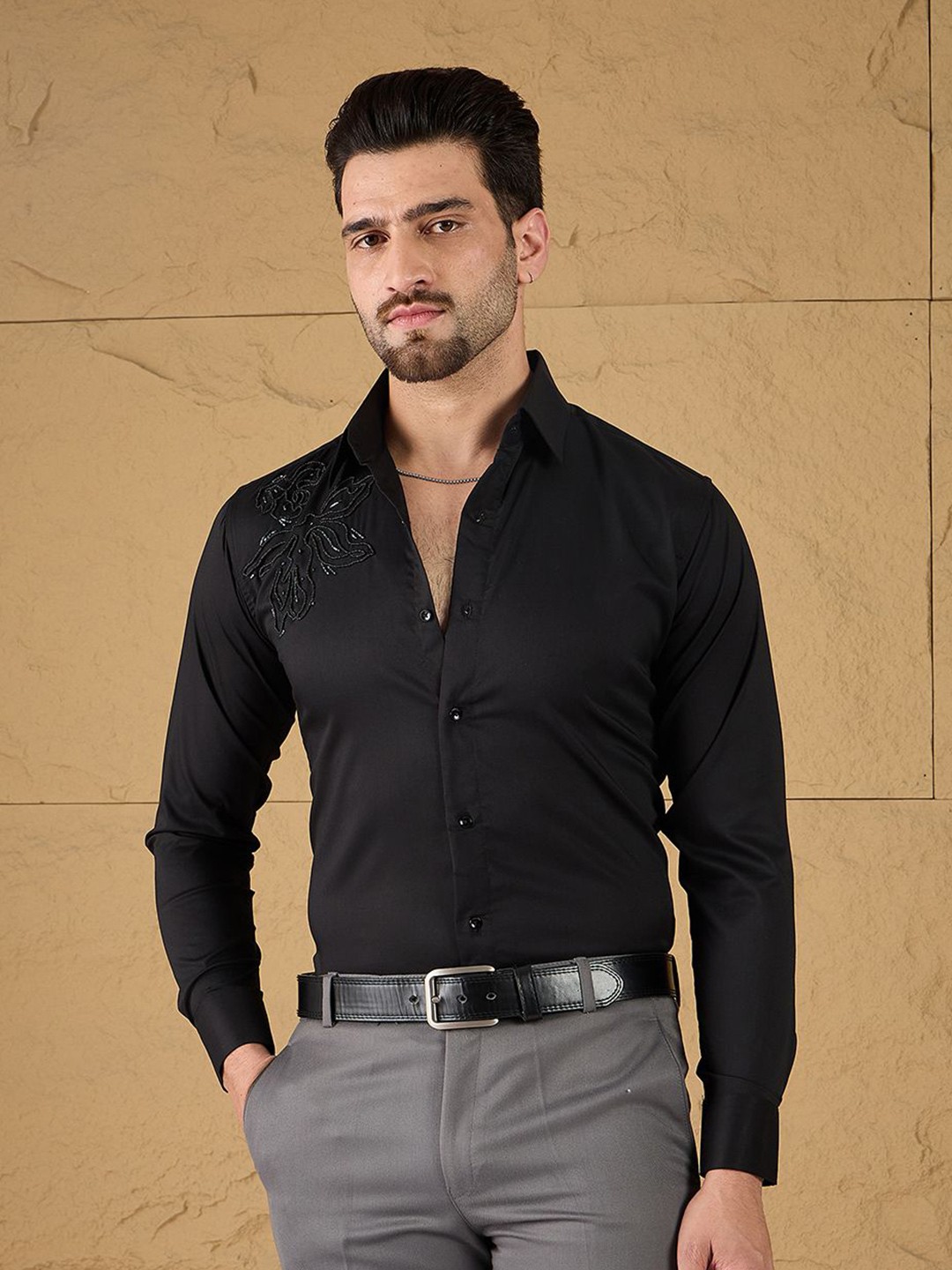 

all yours Men Slim Fit Spread Collar Solid Cotton Party Shirt, Black