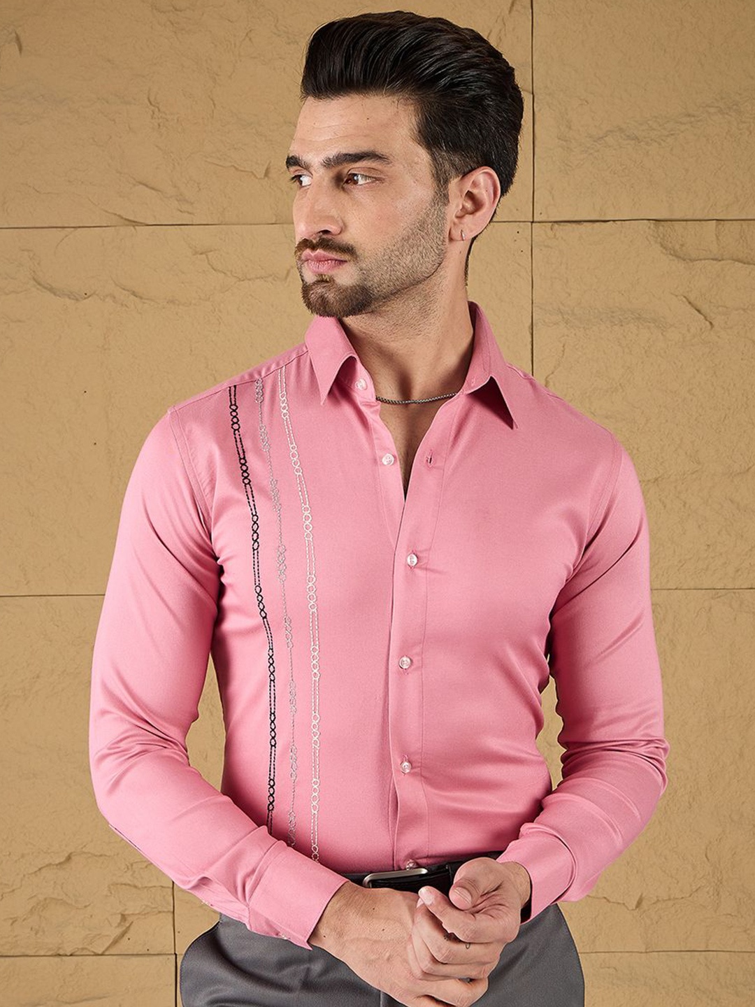 

all yours Men Slim Fit Spread Collar Vertical Striped Party Shirt, Pink