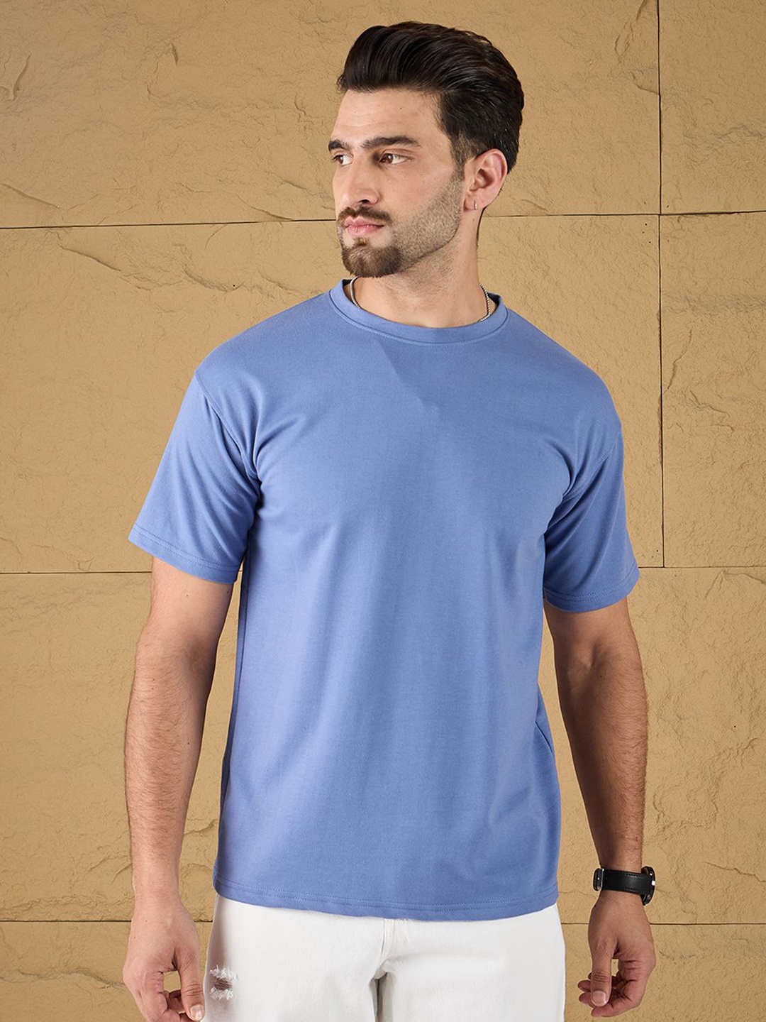 

all yours Men Solid Round Neck Cotton Relaxed Fit T-shirt, Blue