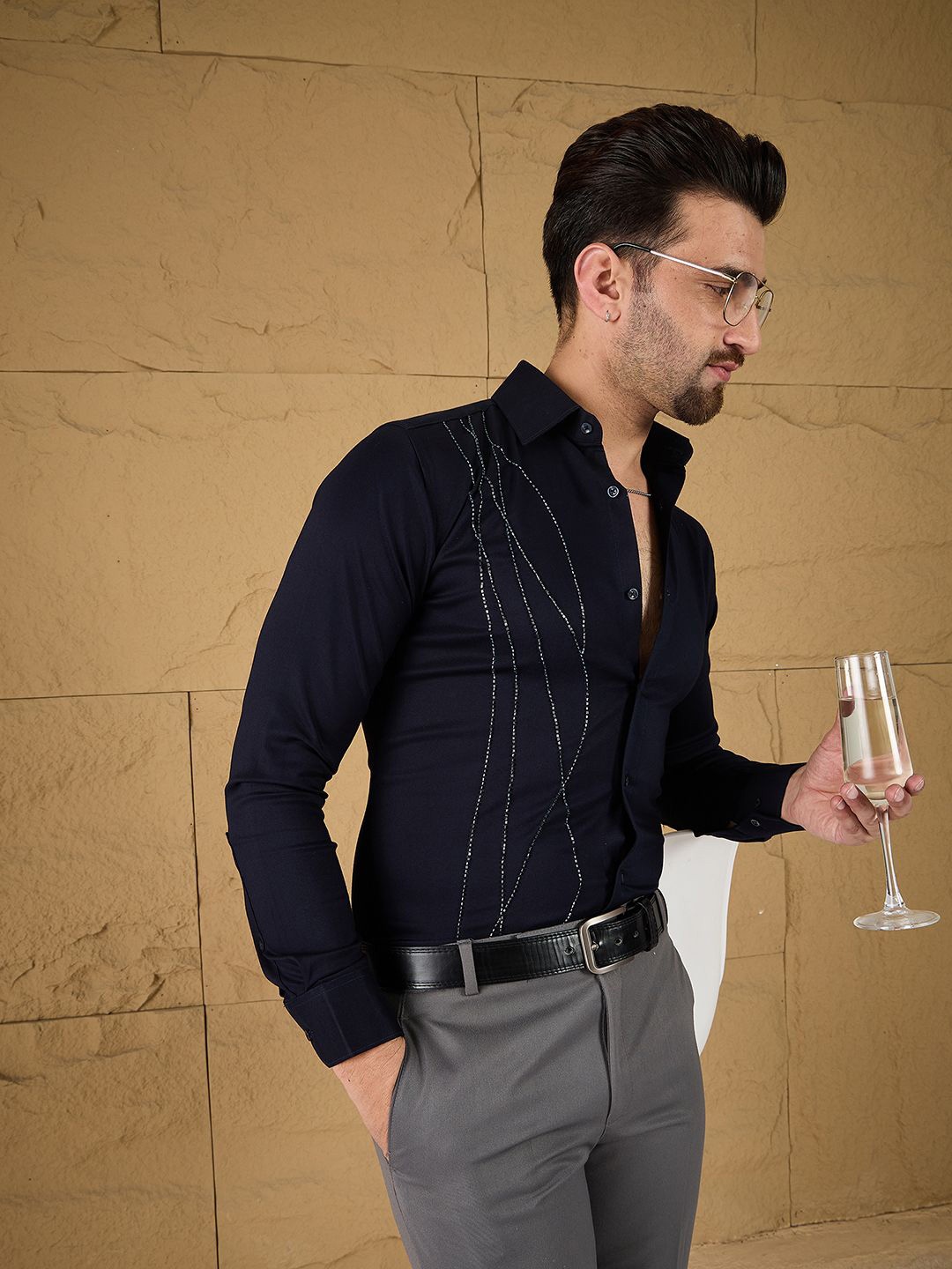 

all yours Men Slim Fit Spread Collar Solid Party Shirt, Navy blue