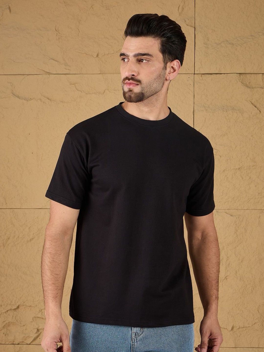 

all yours Men Solid Round Neck Cotton Relaxed Fit T-shirt, Black