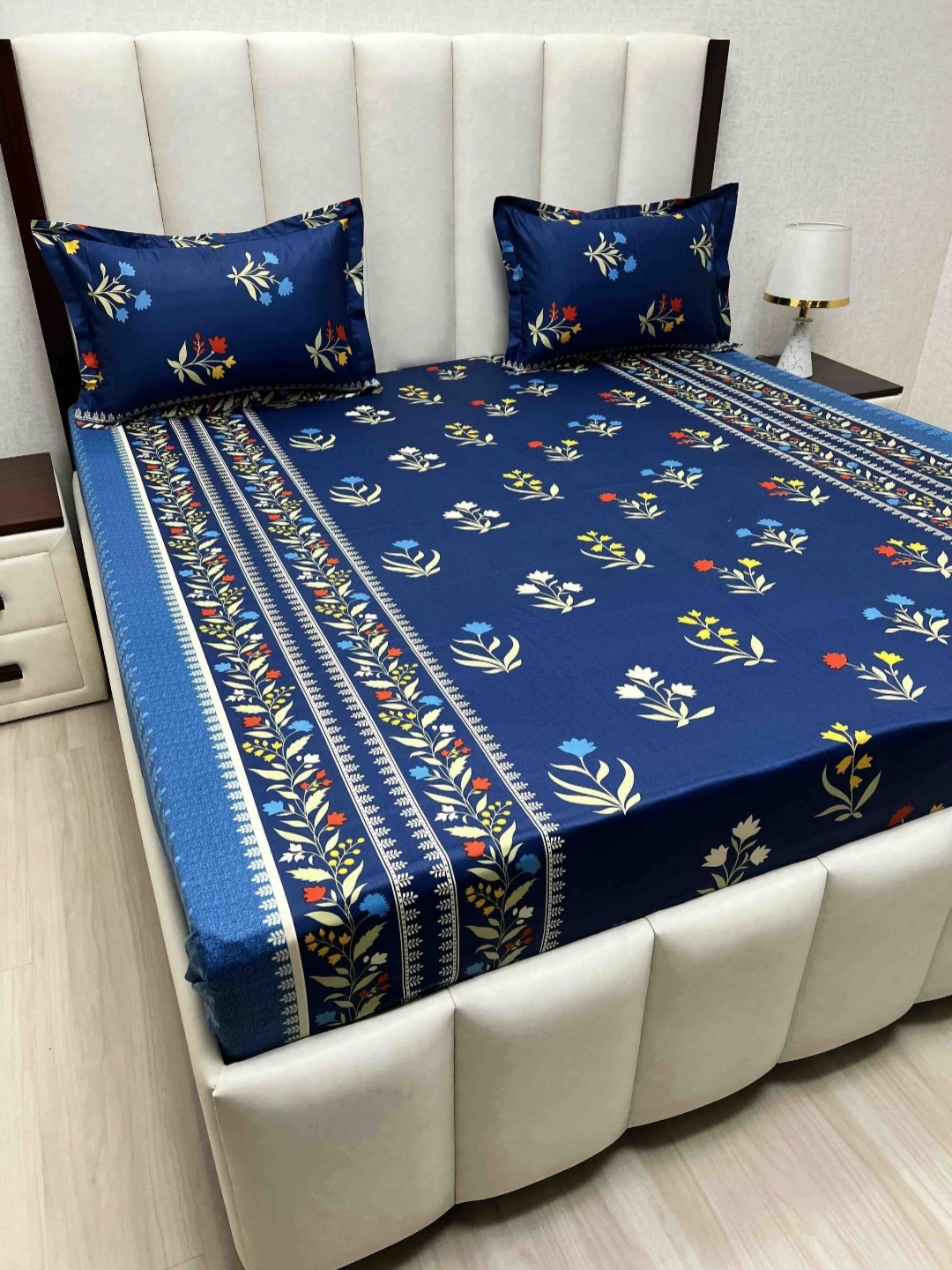 Pure Decor Passion Fur Floral 330 TC Pure Cotton Queen Bedsheet-2.28 m x 2.54 m, Blue