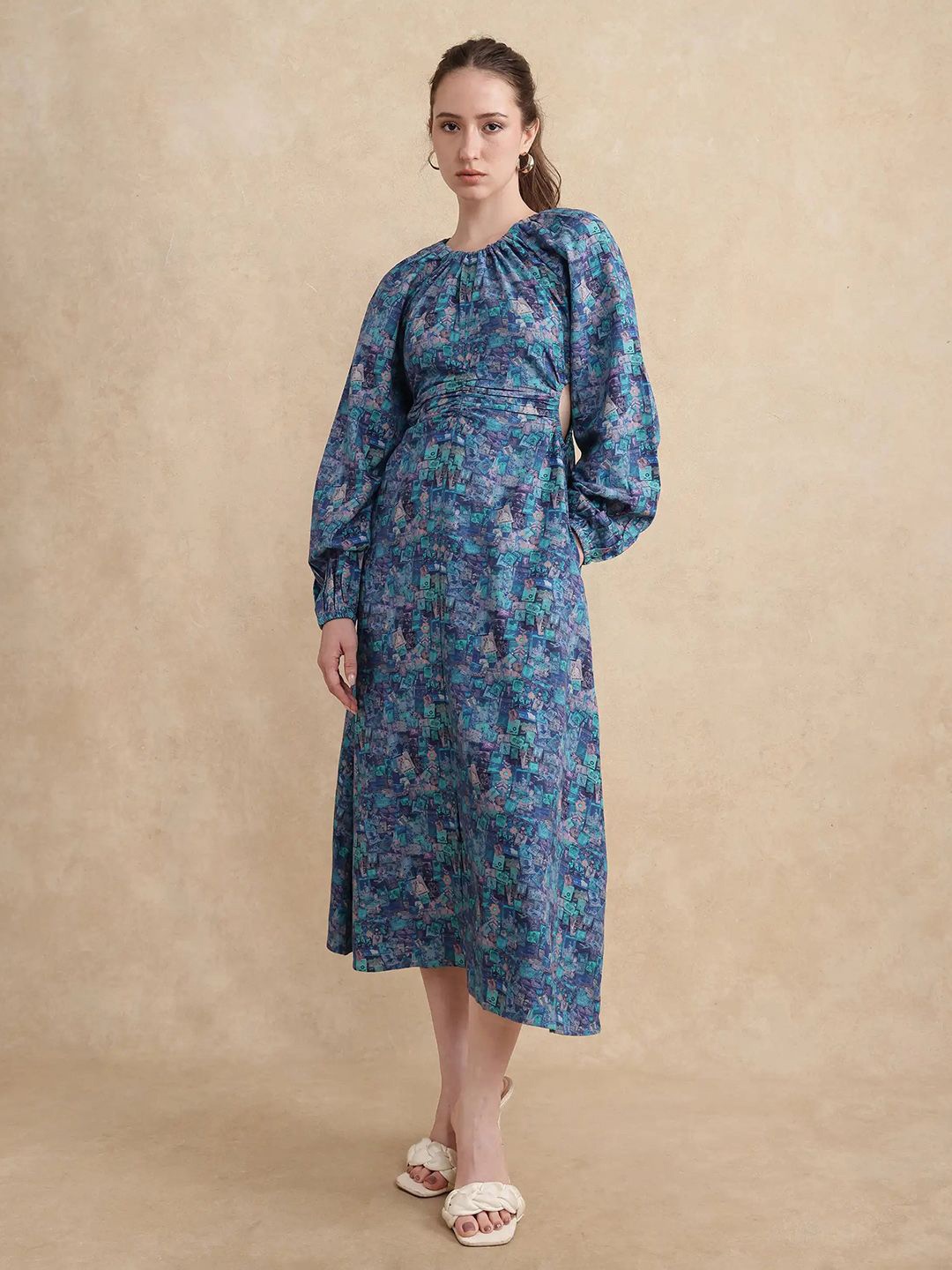 

RAREISM Women Gilf Primary Blue Floral Print A-Line Midi Dress