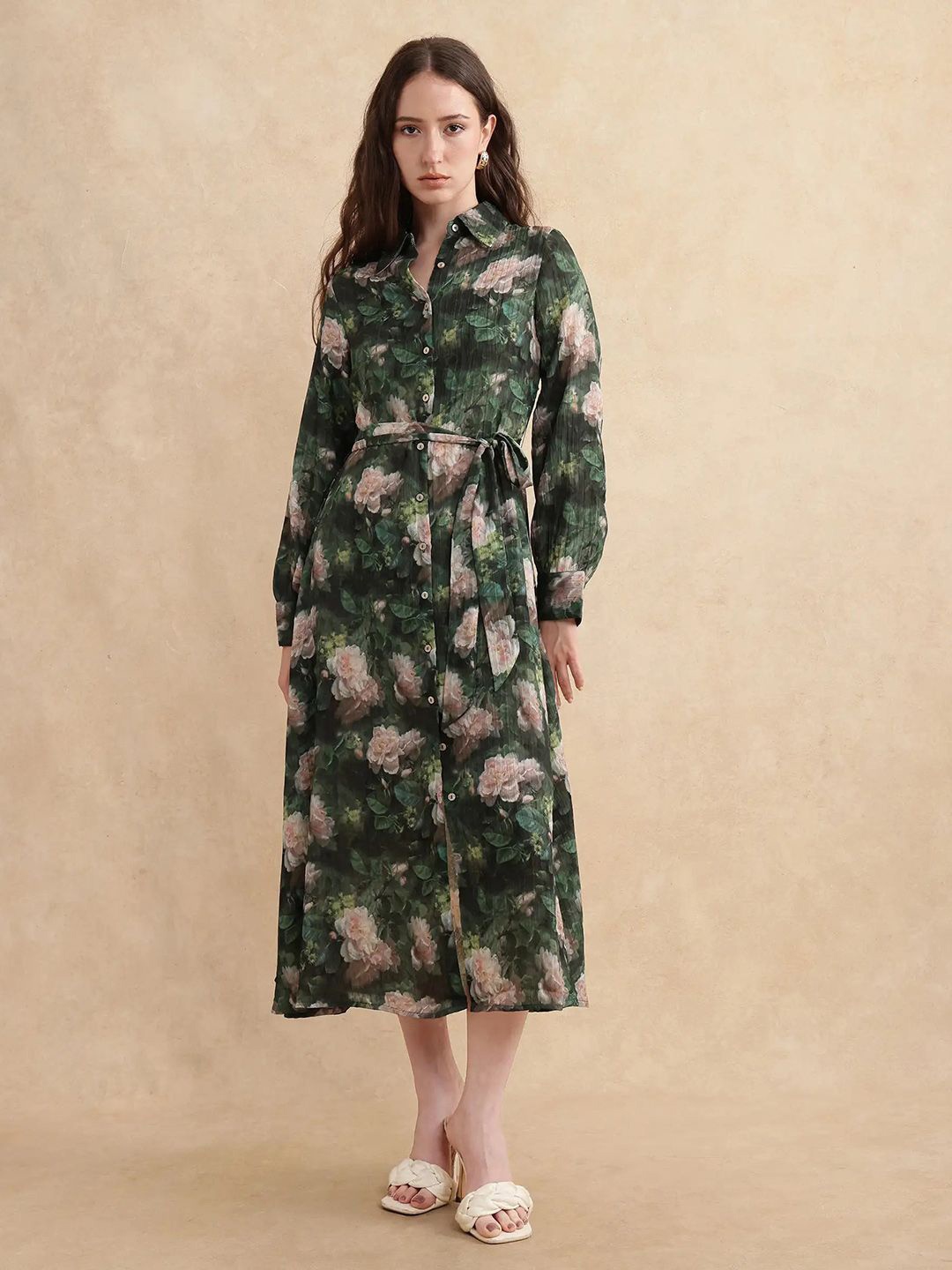 

RAREISM Women Floral Printed Cotton Shirt Midi Dress, Green