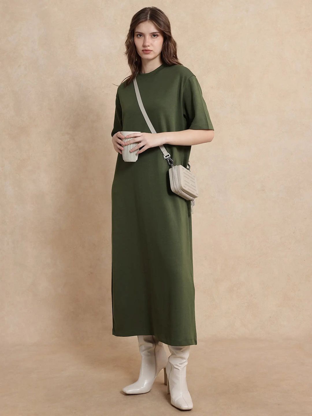 

RAREISM AFRINCA PRIMARY OLIVE Short Sleeves T-shirt Midi Cotton Dress