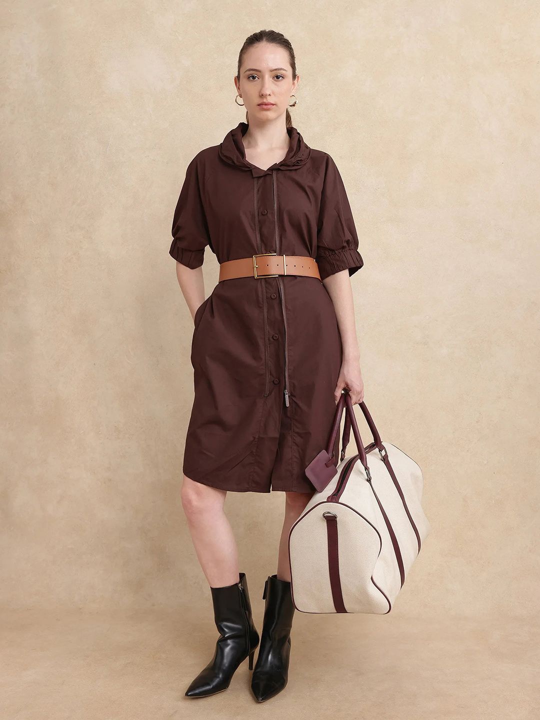 

RAREISM Women Solid Cotton Dress, Brown
