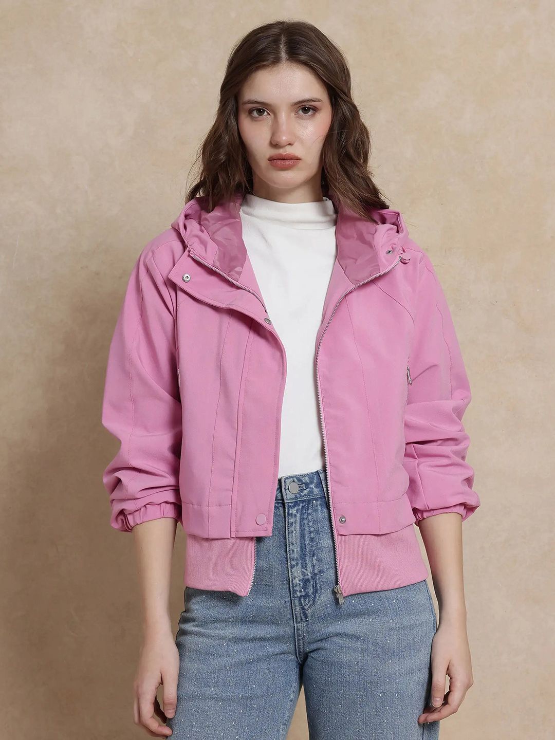 

RAREISM Women Hooded Solid Casual Bomber Jacket, Pink