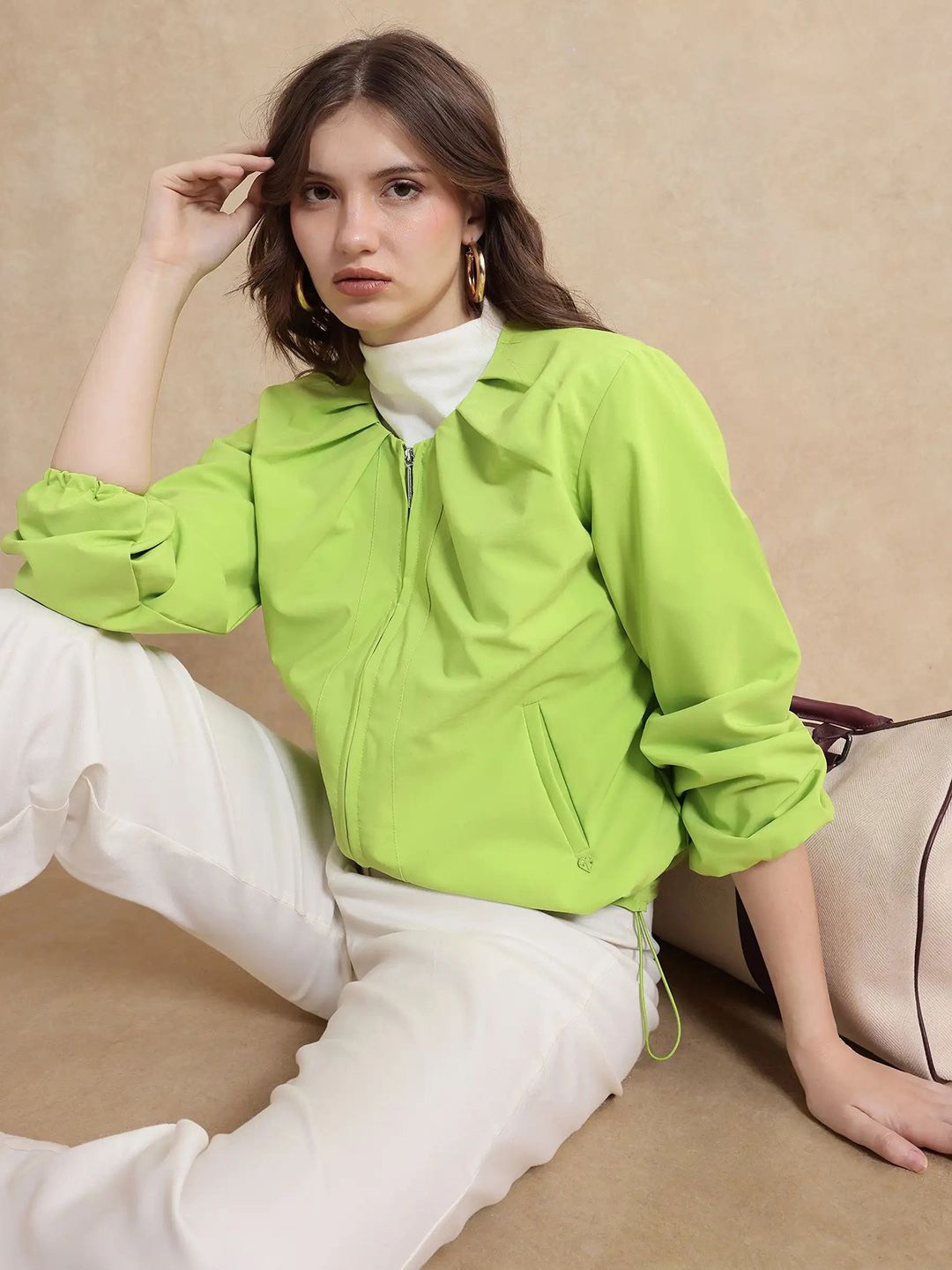 RAREISM Women Collarless Solid Casual Bomber Jacket, Green