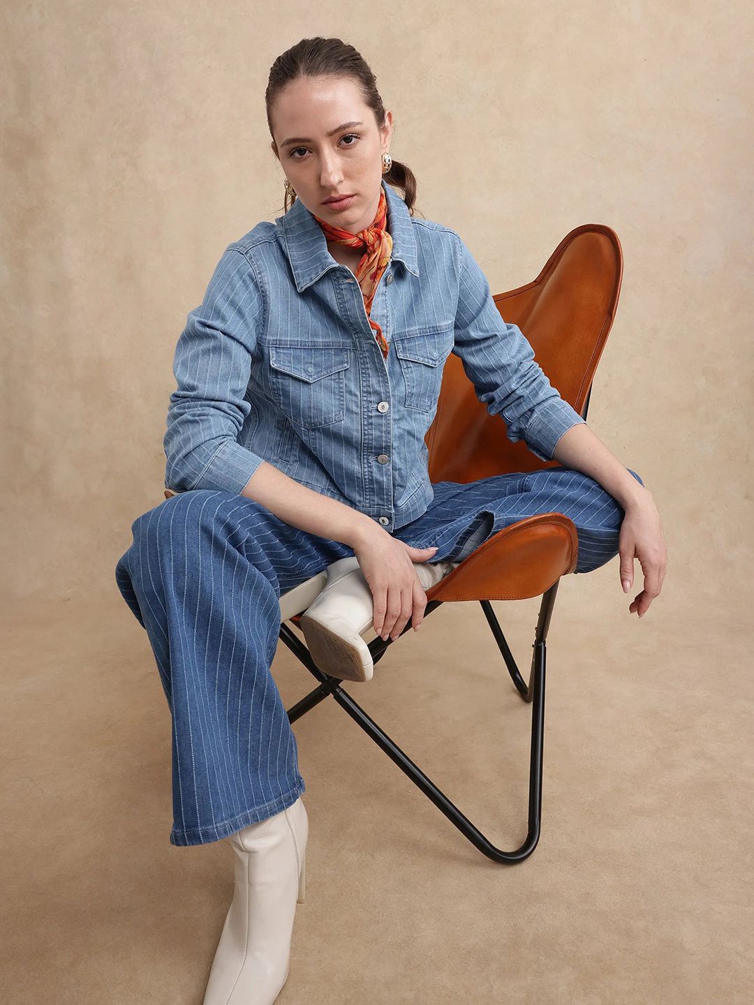 

RAREISM Women Spread Collar Striped Cotton Casual Denim Jacket, Blue