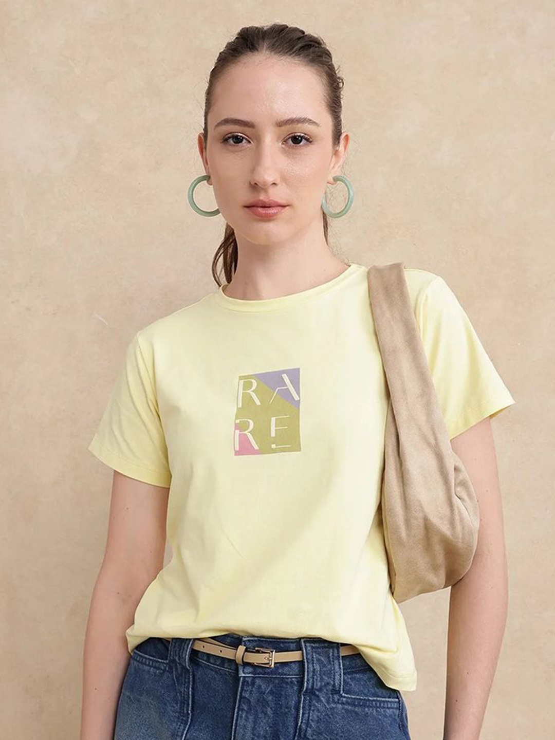 

RAREISM Women Typography Printed Round Neck Cotton T-shirt, Yellow