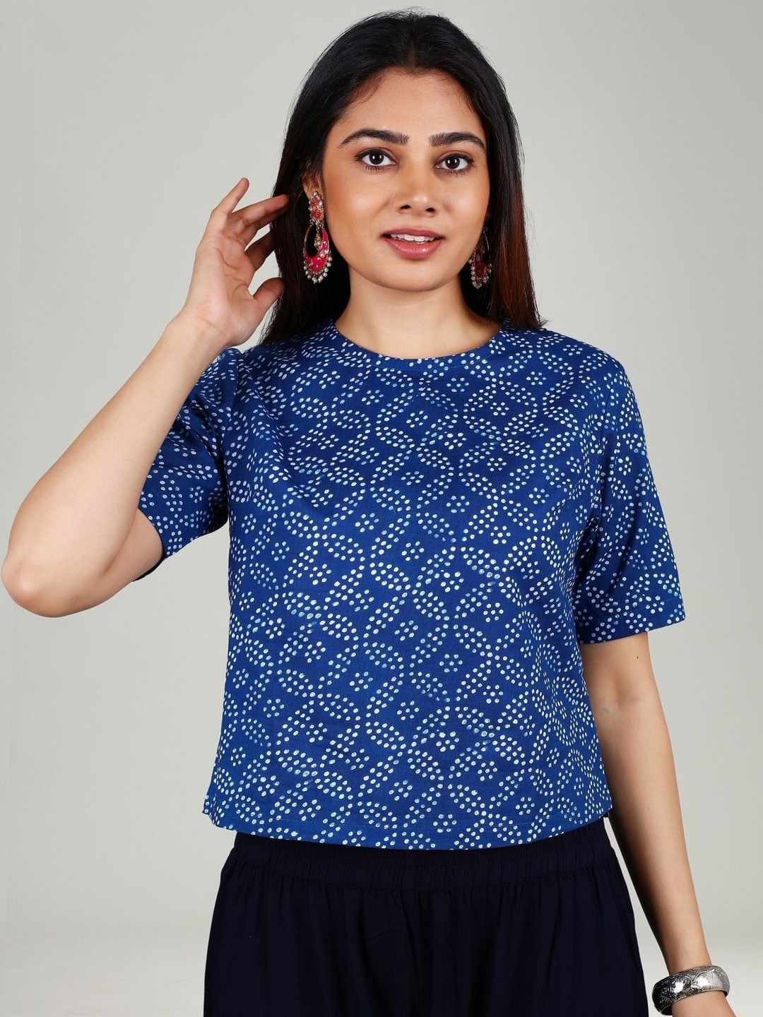 

COTTON CULTURE Women Geometric Printed Cotton Boxy Top, Blue