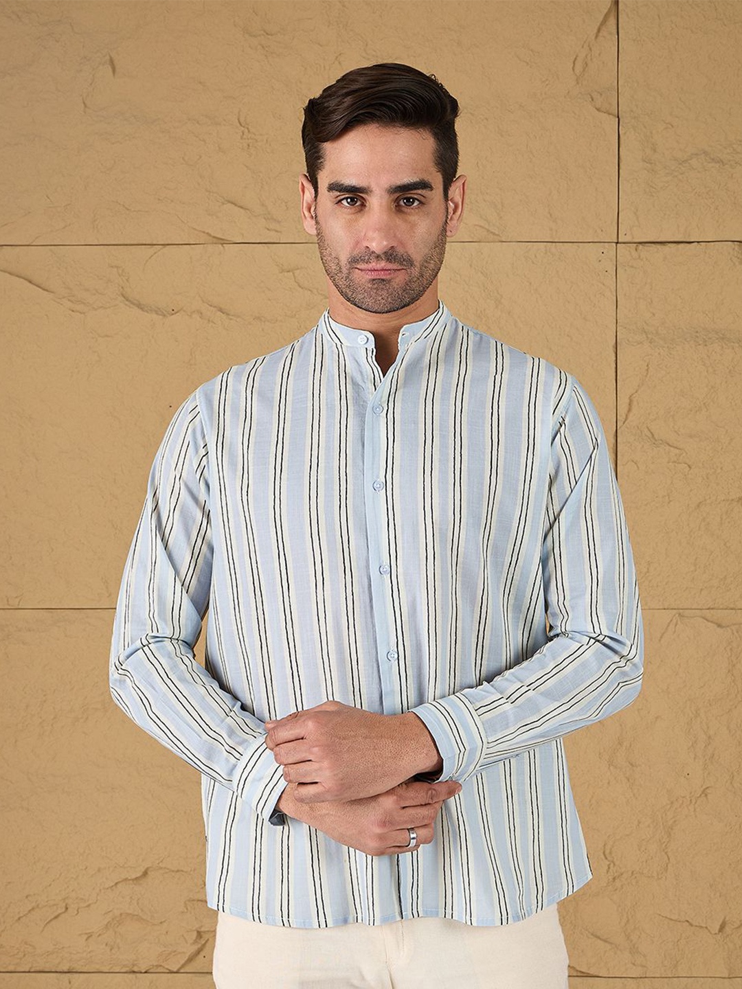 

all yours Men Band Collar Vertical Striped Cotton Casual Shirt, Blue