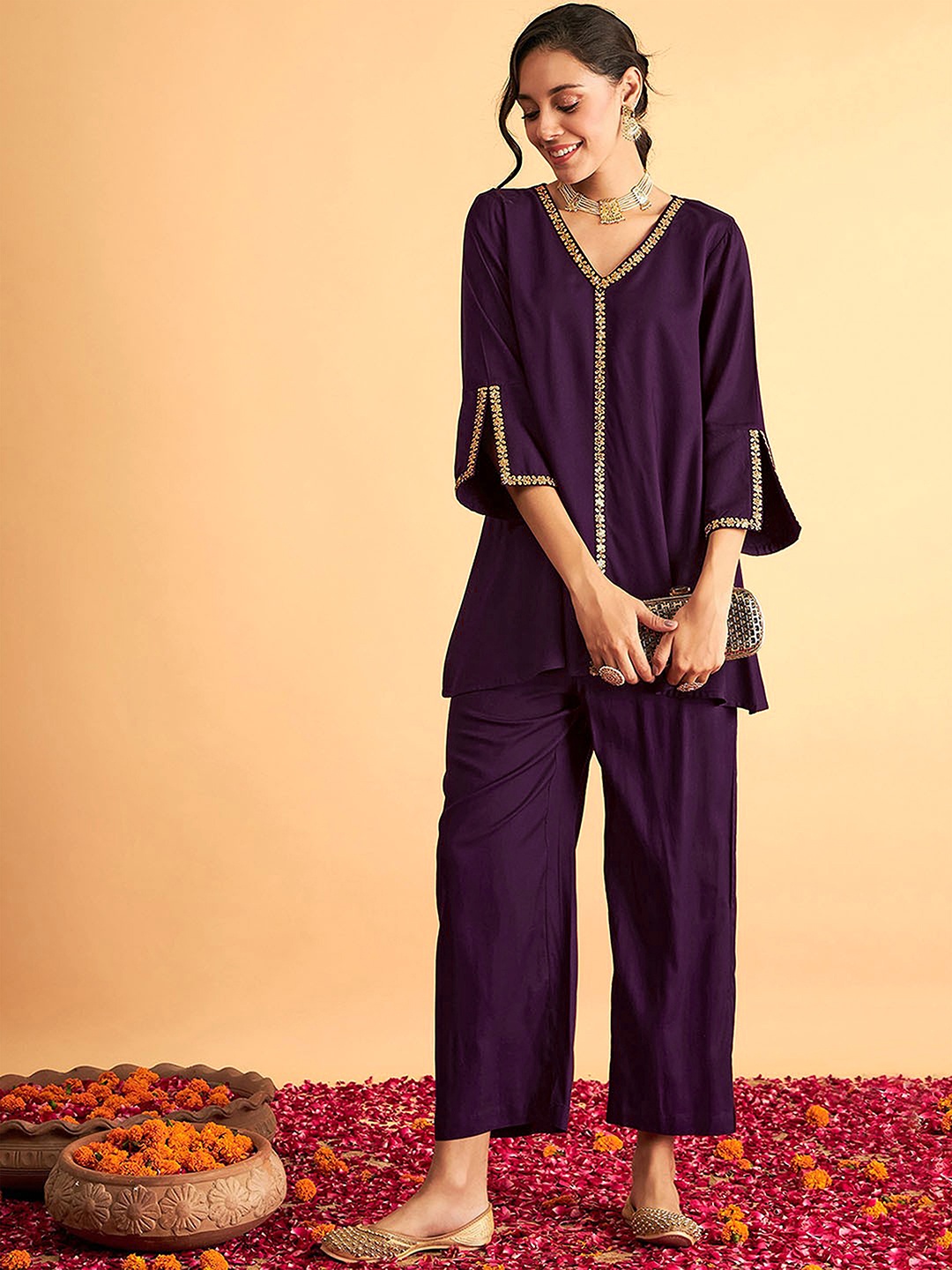 

Trendmalls Embroidered Tunic With Trousers Co-Ords, Purple