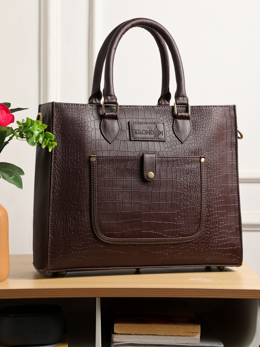 

K London Women Textured Structured Leather Handheld Bag, Brown