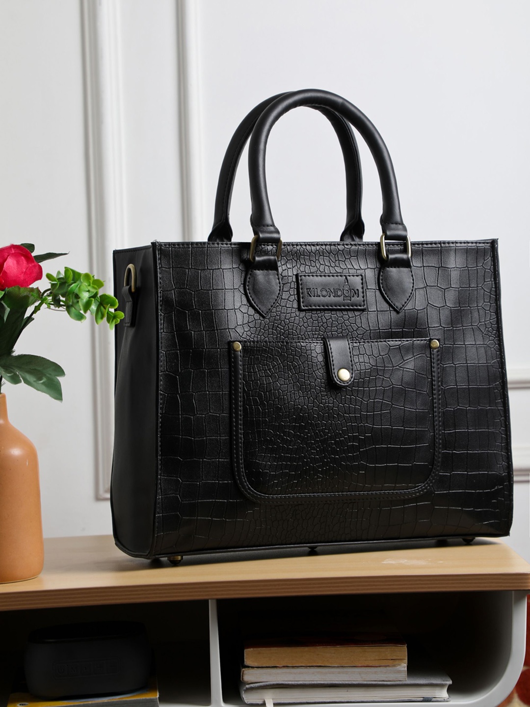 

K London Women Textured Structured Leather Handheld Bag, Black