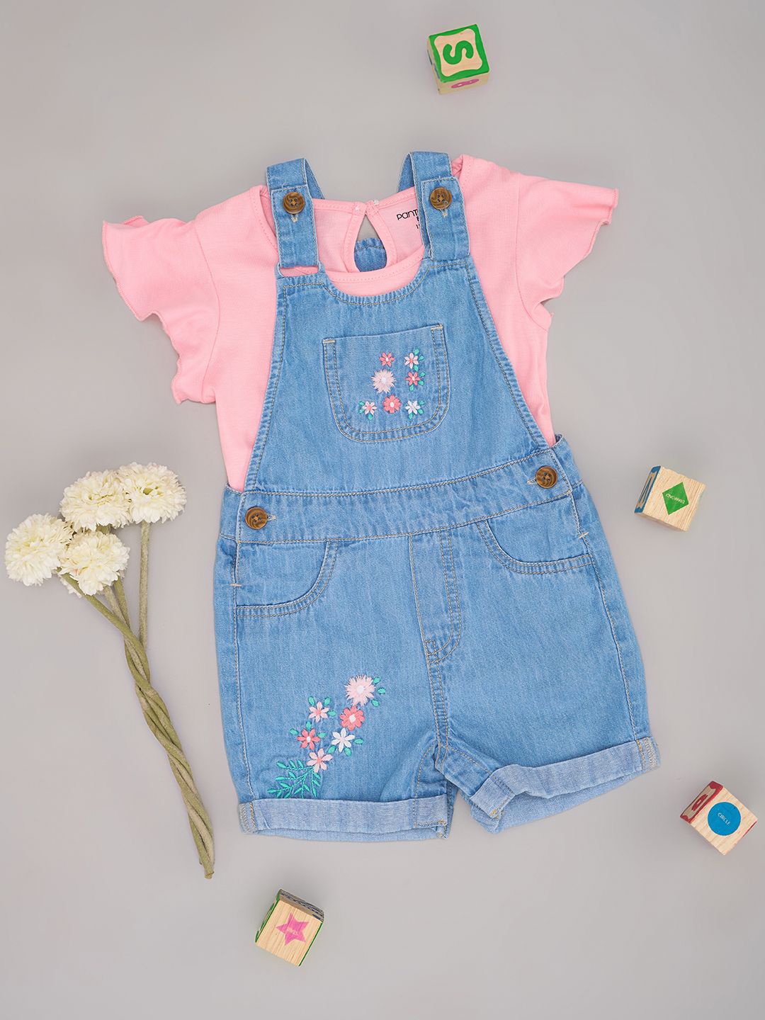 

Pantaloons Baby Girls Floral Embroidered Pure Cotton Dungarees With Top, Blue