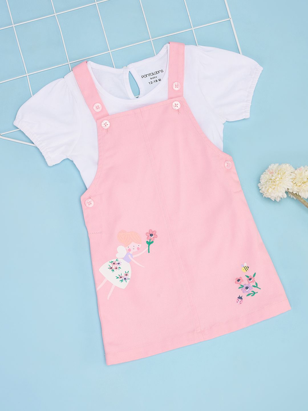 

Pantaloons Baby Girls Floral Embroidered Pure Cotton Dungarees With Top, Pink