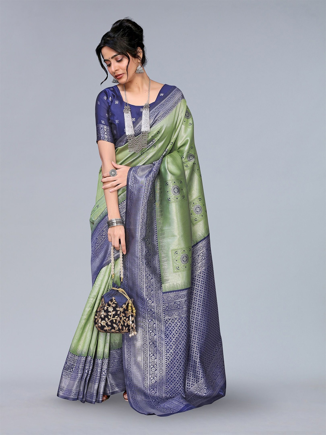 

saretramall Ethnic Motifs Woven Design Zari Banarasi Saree, Green
