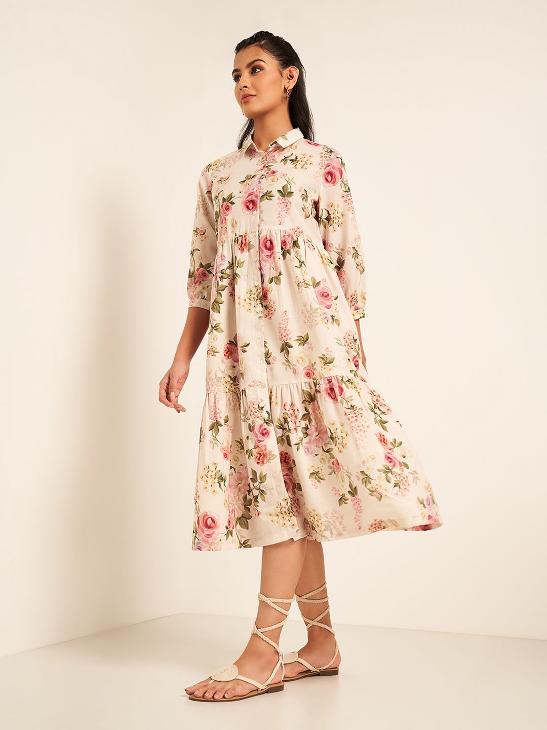 

AKKRITI BY PANTALOONS Floral Print A-Line Midi Dress, Pink