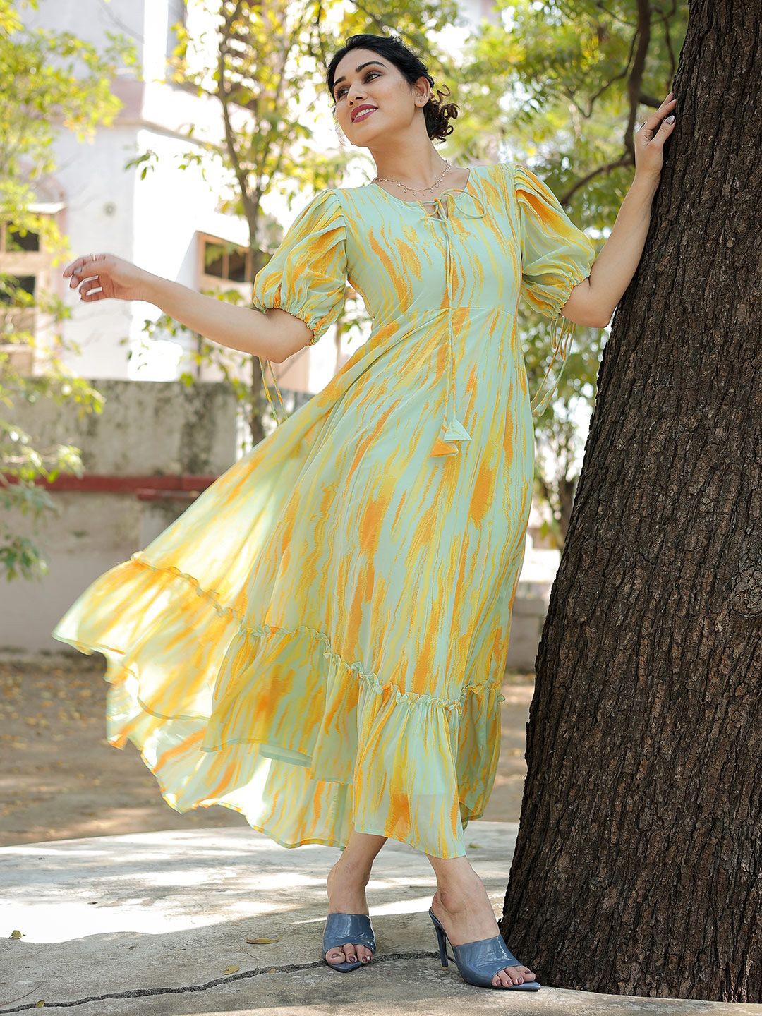

SHINISHA Women Printed Puff Sleeve Fit & Flare Maxi Dress, Yellow