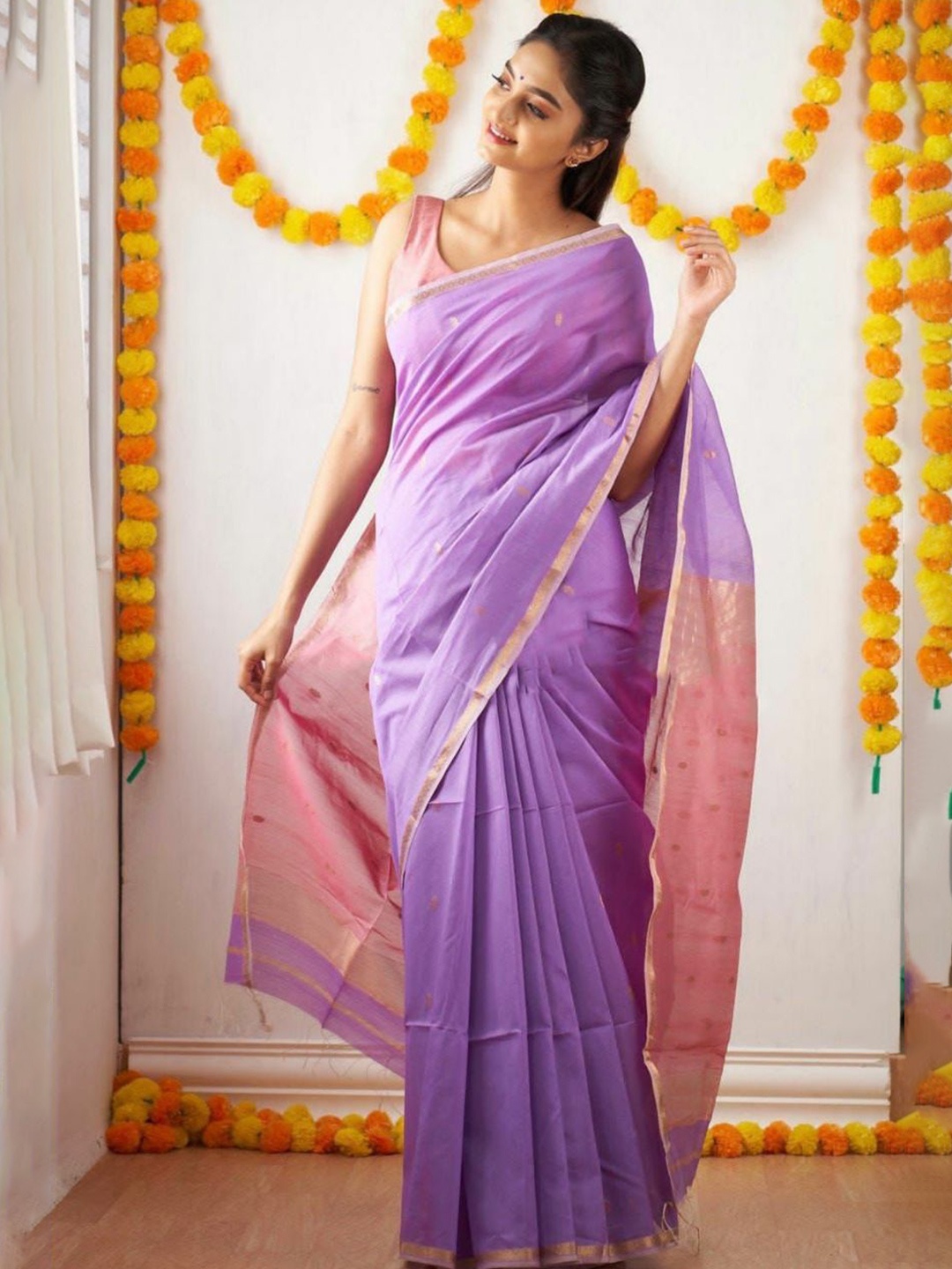 

KALINI Woven Design Zari Banarasi Saree With Blouse Piece, Lavender