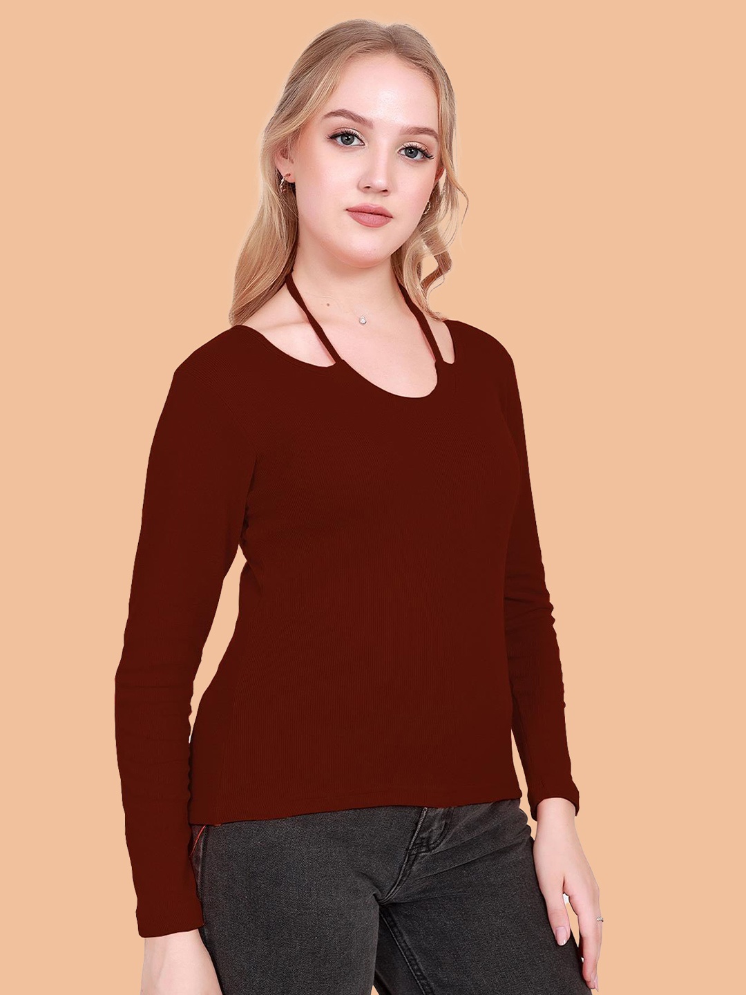 

BAESD Ribbed Full Sleeves Knot Style Top, Maroon