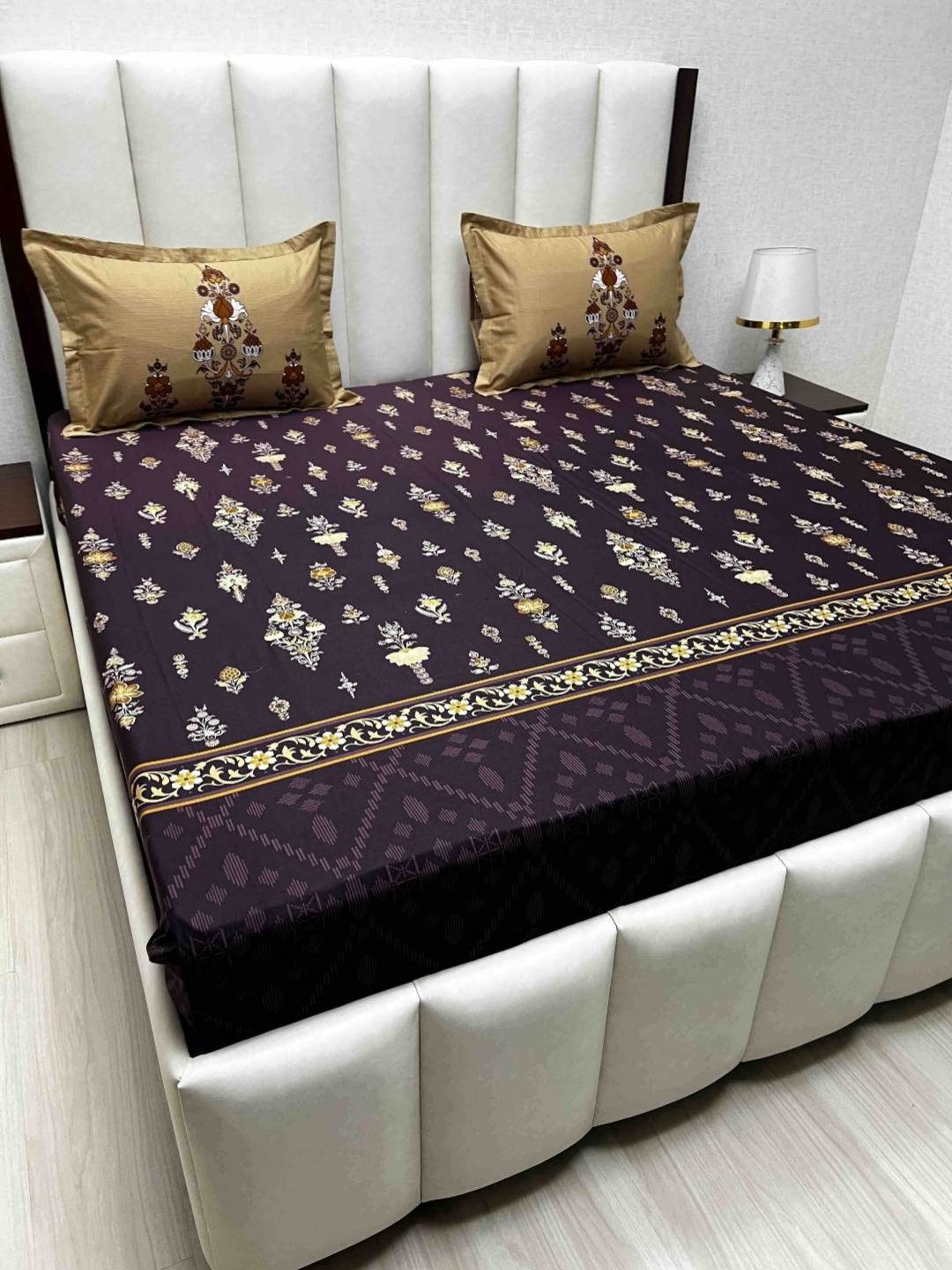 

Pure Decor Royal Lifestyle Floral 300 TC Pure Cotton King Bedsheet Set-2.74 m x 2.74 m, Purple