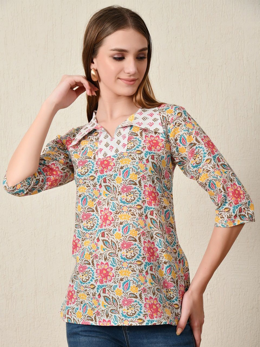 

LYCHNIS Floral Printed Shirt Collar Cotton Top, Beige