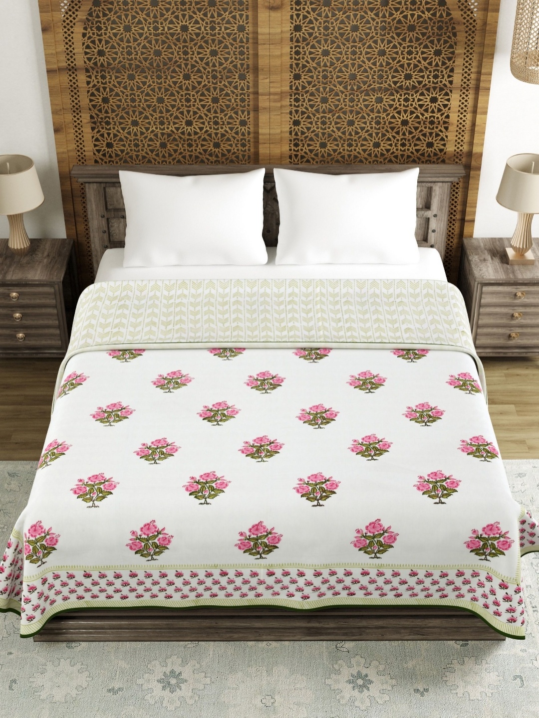 

BLOCKS OF INDIA Green & White Ethnic Motifs AC Room 150 GSM Cotton Double Bed Dohar